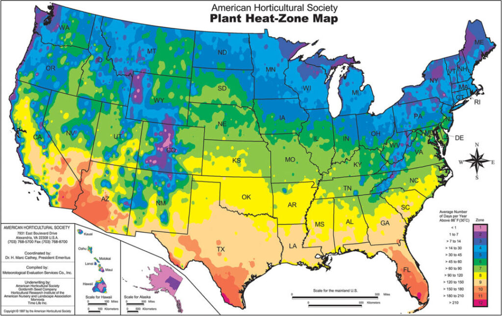 American Horticultural Society Plant Heat Zone map