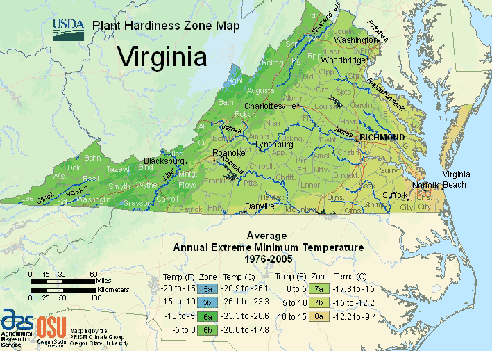USDA Plant Hardiness Zone Map of Virginia